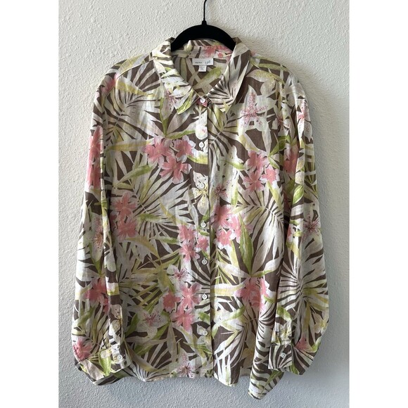 J. Jill Love Linen Shirt Blouse Button Down Size XL P Long Sleeve Floral Print - Picture 1 of 14
